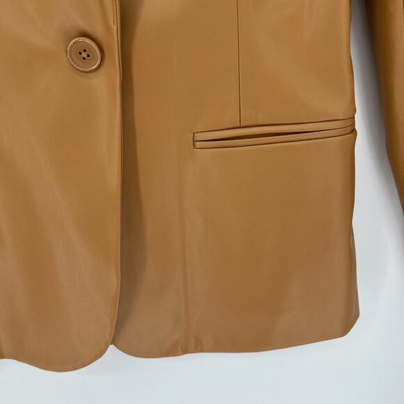 Halogen Faux Leather Blazer Size Small One Button Jacket Tan Brown Officecore - Picture 2 of 9